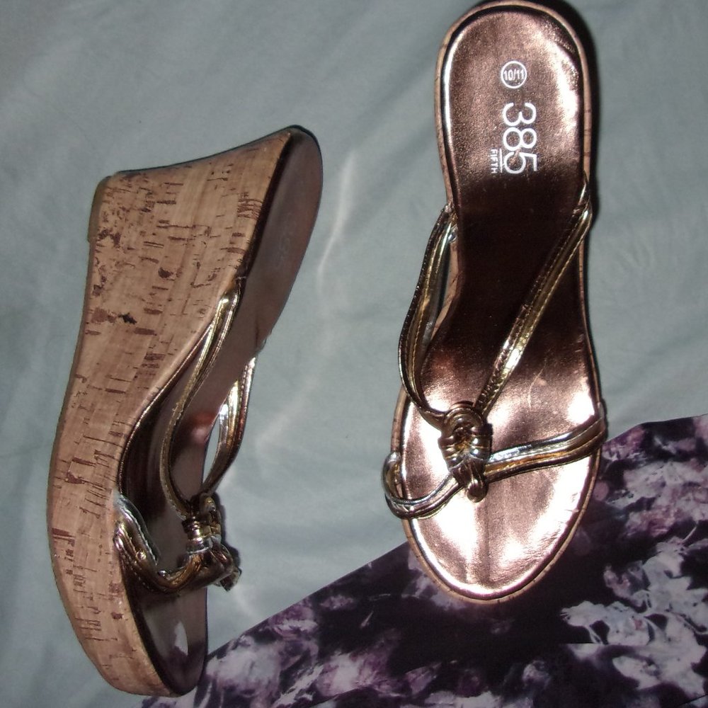 Gold Cork Wedges/Sandals - Tan Platform Size 10M-11M